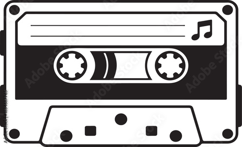 Black and white graphic illustration of a vintage cassette tape with a musical note audio
