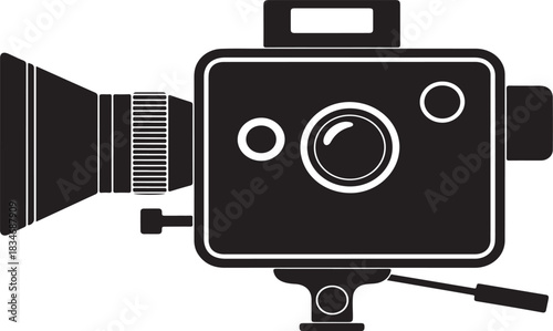 Black and white illustration of a vintage film camera on a tripod with a large lens vintage camera