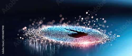 Fingerprint Scanning Process with Data Particles on Blue Background