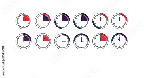 Set of twelve minimalist clock icons showing different time intervals like 15, 30, and 45 minutes, useful for timers and schedules.