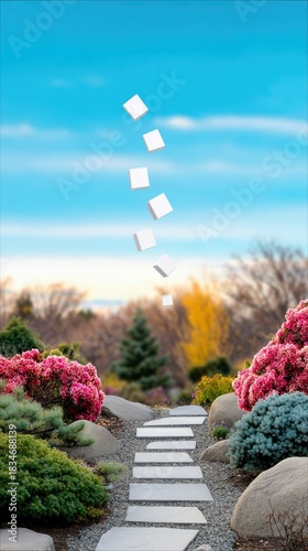 Floating Cubes Above Stone Path in Garden