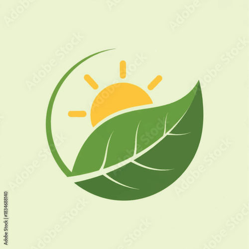 Green Leaf and Sun Logo Design Concept.