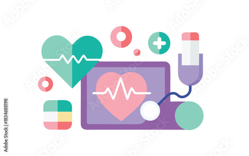 Medical equipment and heartbeat illustration for healthcare and medicine isolated on transparent background