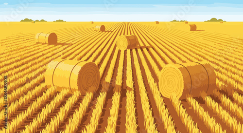 Vibrant pixel art illustration of a vast golden wheat field at harvest time, with numerous round hay bales under a clear blue sky.