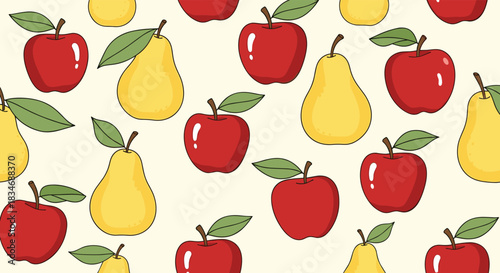 Seamless and cute background pattern of fresh red apples and yellow pears with green leaves, creating a healthy and sweet fruit design.