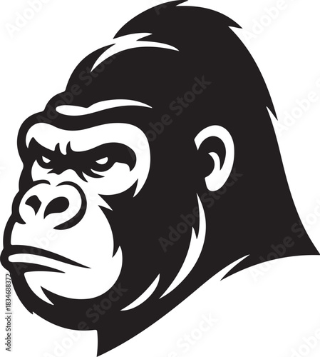 Black and white graphic illustration of a gorilla head with sharp lines and angular features