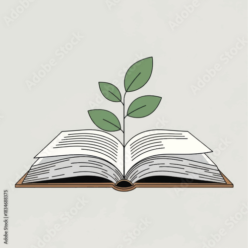 Open book with green plant growing from pages representing knowledge and growth.