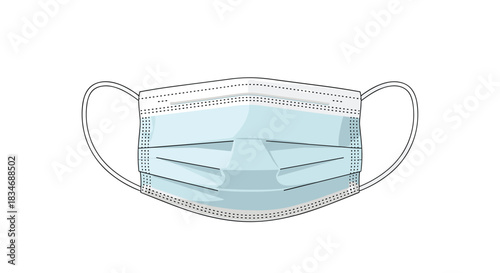 Realistic illustration of a blue disposable medical face mask, a symbol of protection during a pandemic, isolated on a white background.