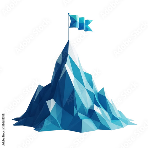 Achieve business goals with determination and reach the top with this stunning low poly blue mountain peak and flag, ideal for motivational campaigns
