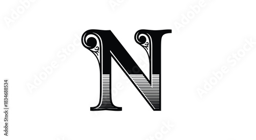 Ornate and elegant capital letter N in a vintage style, featuring decorative swirls and striped shading for a classic typographic design.