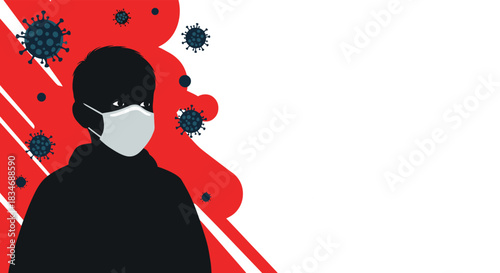 Coronavirus awareness banner with a silhouette of a person wearing a face mask against a red background with floating virus particles.