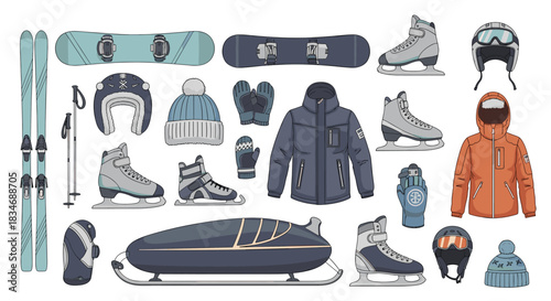 Extensive collection of winter sports equipment and apparel, including skis, snowboards, ice skates, jackets, helmets, and a bobsled.