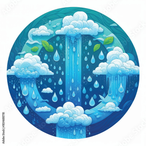 Water Cycle Illustration with Clouds and Raindrops in a Circular Design.
