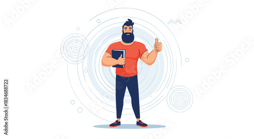 Friendly bearded man in a red shirt holding a book and giving a thumbs up, representing satisfaction, approval, and positive feedback.