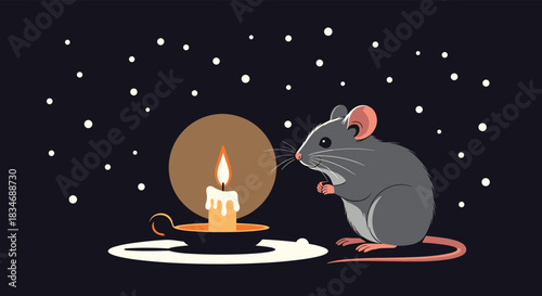 Charming illustration of a curious grey mouse observing a lit candle in a holder against a dark, starry night sky background.