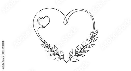 Romantic and minimalist heart-shaped frame created with a continuous line, adorned with delicate leaves, perfect for wedding or Valentine's designs.