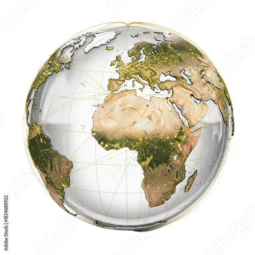 Stunning globe highlighting Africa and Europe, perfect for global business, travel, or environmental themes, with glowing city lights and clear connections