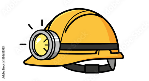 Yellow mining helmet with a headlamp illuminated, safety equipment for underground work