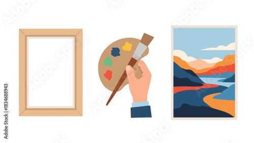 The creative process of painting with artist tools and a landscape artwork