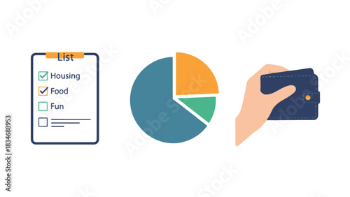 Budgeting and Financial Planning Checklist, Pie Chart, and Wallet Concepts