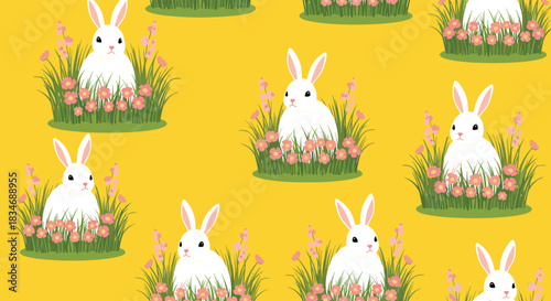 Charming seamless Easter pattern featuring cute white bunnies sitting in lush green grass among pink flowers, on a bright yellow background.