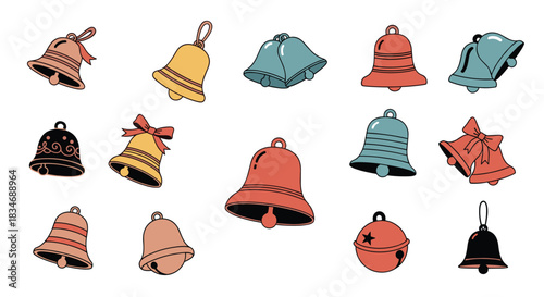 A festive collection of colorful cartoon Christmas bells in various shapes and designs, including some with bows and star patterns.