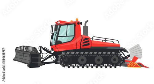 Red snow groomer vehicle on tracks for winter mountain ski slope maintenance and preparation