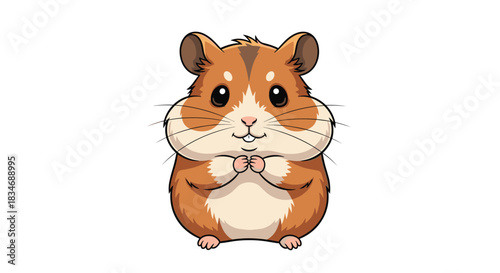 Extremely cute cartoon hamster with chubby cheeks and big eyes, smiling sweetly while holding its paws together on a white background.