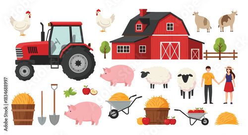 A comprehensive set of flat design farm elements, including a red barn, tractor, farmers, and various animals like pigs, sheep, and chickens.