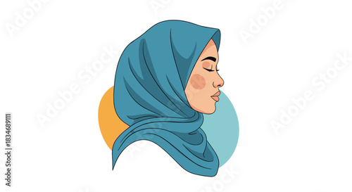Beautiful profile portrait of a young Muslim woman with closed eyes wearing a blue hijab, in a modern flat illustration style.
