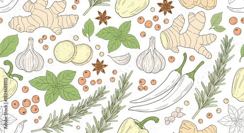 Seamless background pattern with beautifully hand-drawn herbs and spices including ginger, garlic, chili peppers, and fresh rosemary.