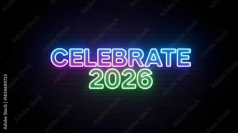 Obraz premium Celebrate 2026 with vibrant neon glow against a dark brick wall, perfect for futuristic events and new year's eve party themes
