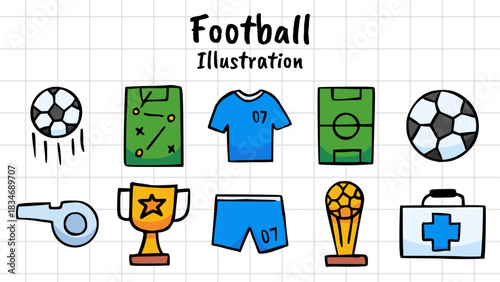 Hand Drawn Football Soccer Doodle Icons Set: Cute Vector Illustration for Sport Game, Ball, Field, Strategy Board, Jersey, Shorts, Whistle, and Golden Trophies