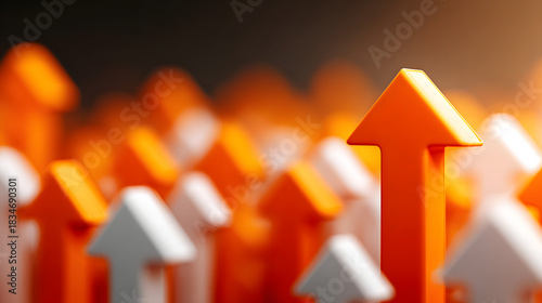 Orange arrows stand out amongst white arrows, symbolizing leadership and exceeding expectations in a business setting.