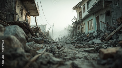 Devastation landscape of a destroyed city after an earthquake with ruined buildings