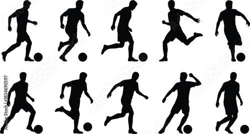 Soccer player silhouette, football action poses, dribbling kicking running, black vector icons, sports movement, cad drawing flat vector illustration
