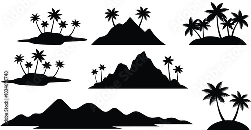 Tropical island silhouette, mountain landscape vector, palm tree icon set, nature scene design, cad drawing flat vector illustration