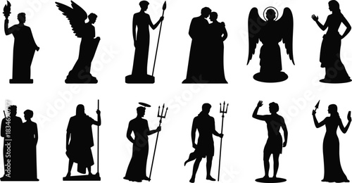 Statue silhouette icon, mythological figure vector, angel god sculpture, classical art symbol, cad drawing flat vector illustration, black statue design