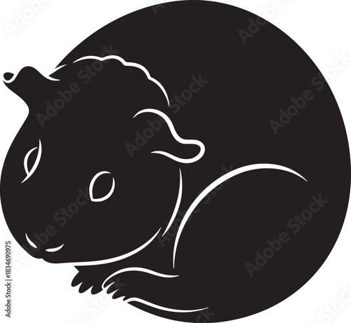 Minimalist black guinea pig silhouette vector illustration. cute pet rodent curled up in a simple graphic emblem design, isolated.