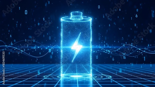 Futuristic Holographic Battery – Blue Neon Energy Concept Art with Copy Space, Generative AI