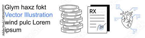 Healthcare, business, technology, diagnostics, medication, economy. Stack of coins, RX prescription paper and heart diagram with digital data points. Healthcare and business concept