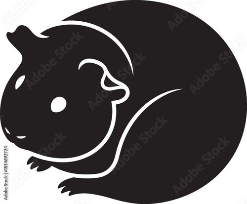 Minimalist black silhouette icon of a curled up guinea pig, a cute domestic pet animal vector graphic illustration