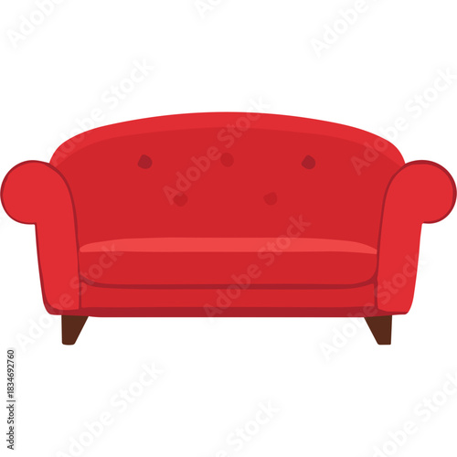 Classic Red Two Seater Sofa With Button Tufting Detailed Upholstery On Dark Wooden Legs Isolated On Black Background Minimalist Furniture Design