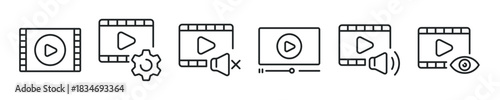 Video player thin line icon set. Web minimal editable stroke icons