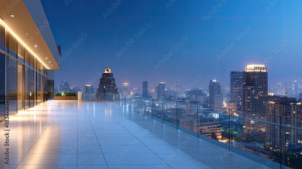Obraz premium Modern Urban Rooftop View at Dusk with City Skyline, Glass Railings, and Soft Lighting in a Contemporary Architectural Setting