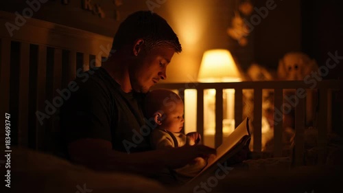 Father Reading to Baby in Crib at Night.