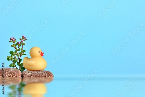 Rubber Duck Resting on Stone with Plant, Water Reflection
