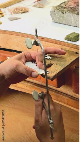 Female artisan using a jeweler’s saw to cut intricate shapes from a metal sheet at a jewelry workbench.