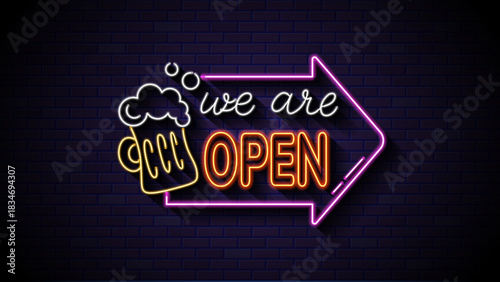 A neon sign reading we are open. We are open neon sign in vibrant colors. Suitable for businesses to promote their opening hours and attract customers with bright signage.