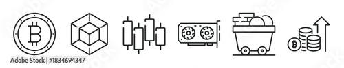 Crypto mining thin line icon set. Web minimal editable stroke icons